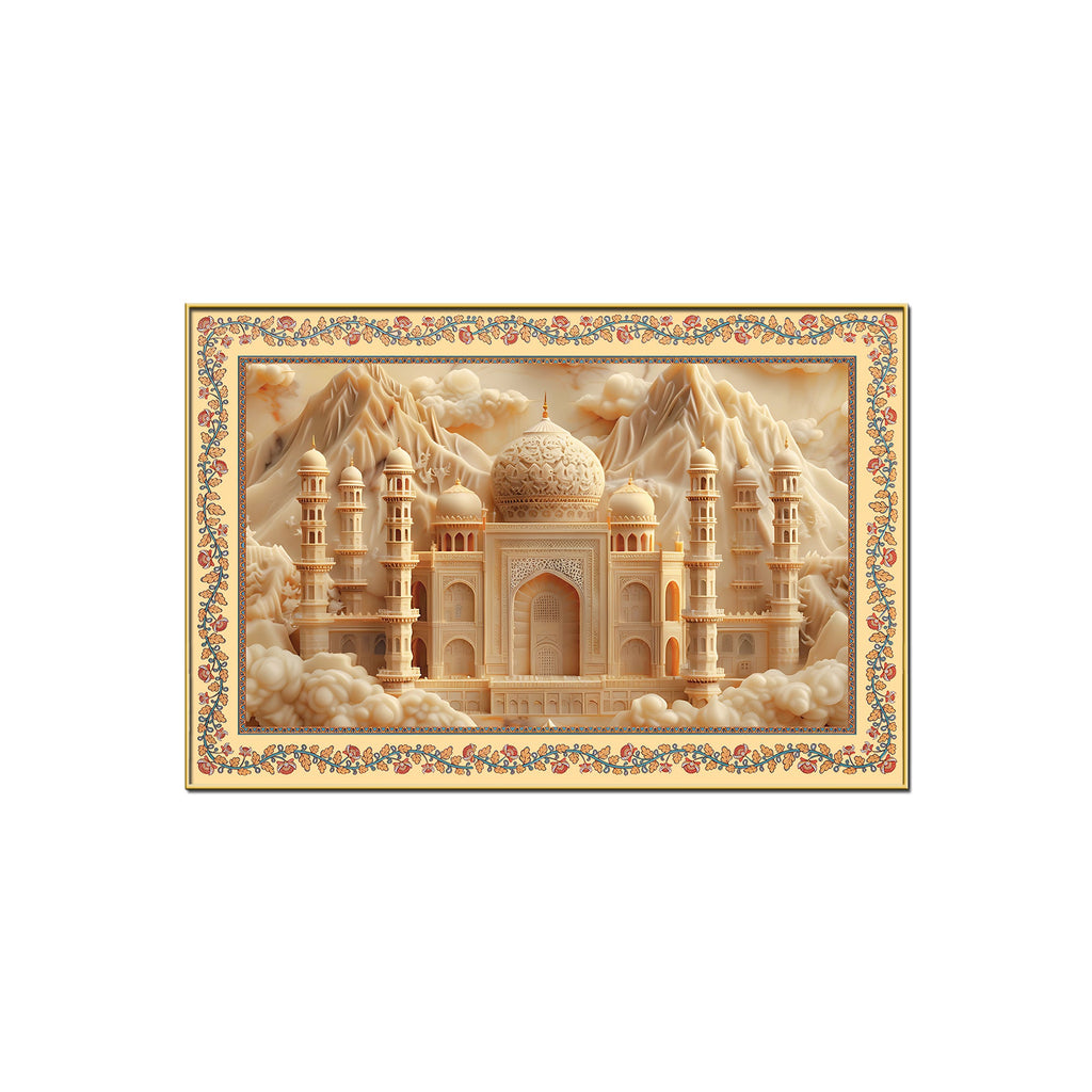 Taj Mahal Majestic Mosque Floral Border Canvas Wall Painting