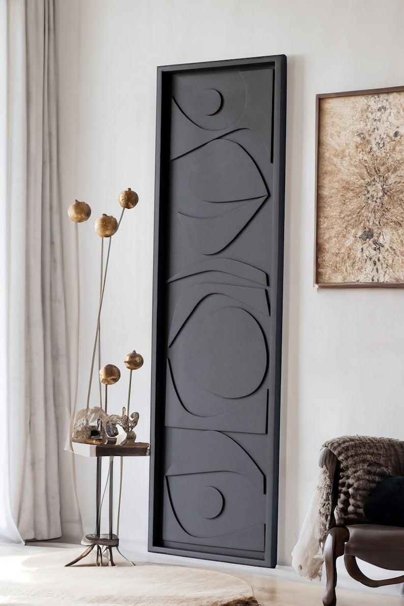 Tall Black 3D Wall Art Panel with Geometric Abstract Design