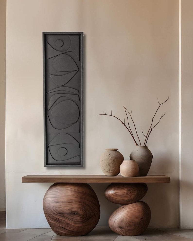 Tall Black 3D Wall Art Panel with Geometric Abstract Design