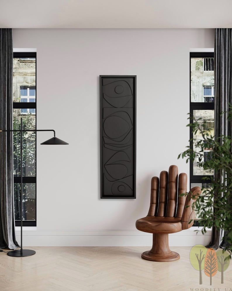 Tall Black 3D Wall Art Panel with Geometric Abstract Design