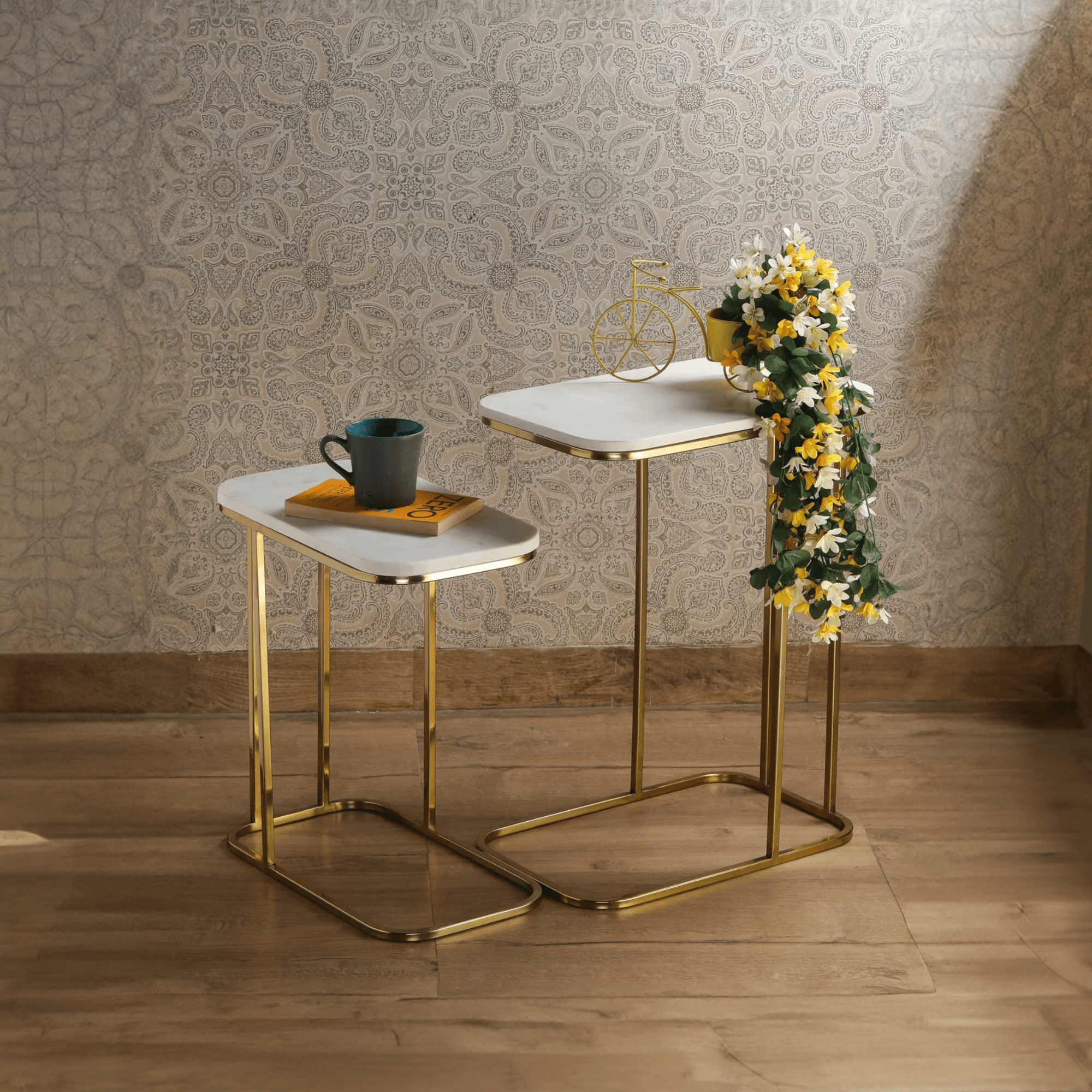 Tehran Rectangle Iron Stand Side Marble Table Set of 2 - Decor Smart