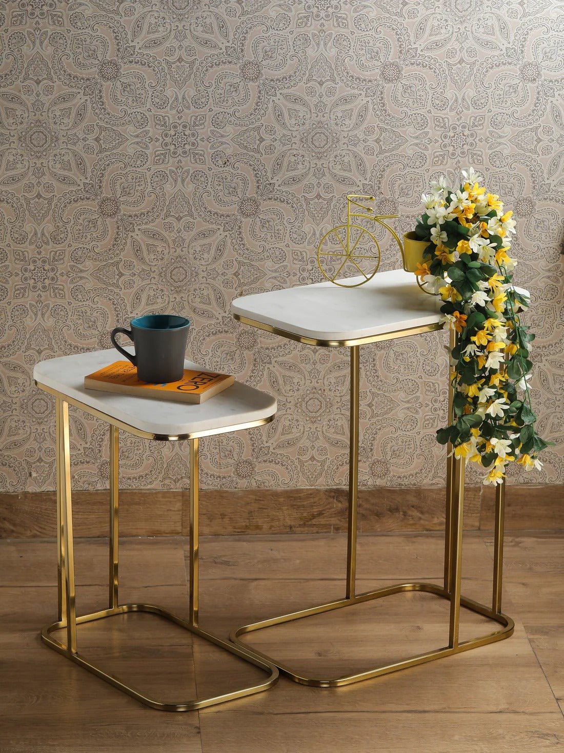 Tehran Rectangle Iron Stand Side Marble Table Set of 2 - Decor Smart