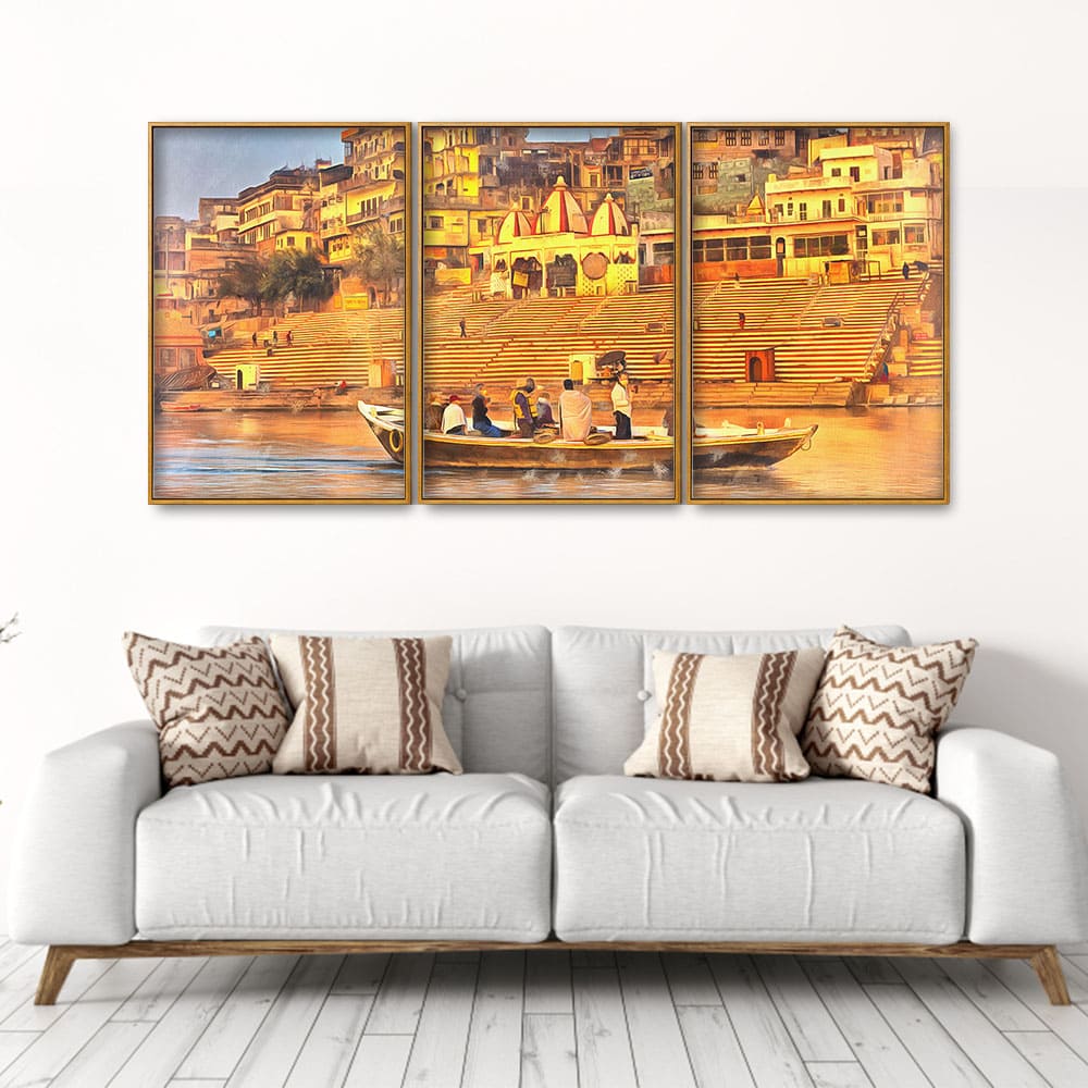 The Sacred Land Of Banaras Scenery Premium Floating Canvas Wall Painting Set of Three - Decor Smart