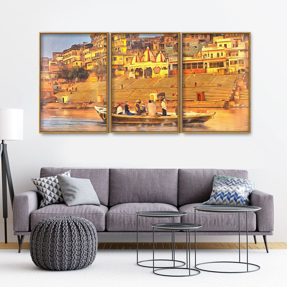 The Sacred Land Of Banaras Scenery Premium Floating Canvas Wall Painting Set of Three - Decor Smart