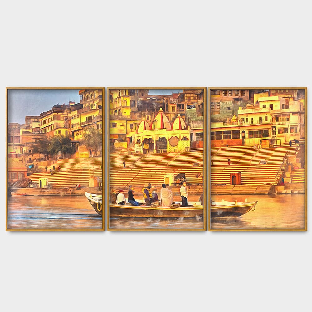 The Sacred Land Of Banaras Scenery Premium Floating Canvas Wall Painting Set of Three - Decor Smart
