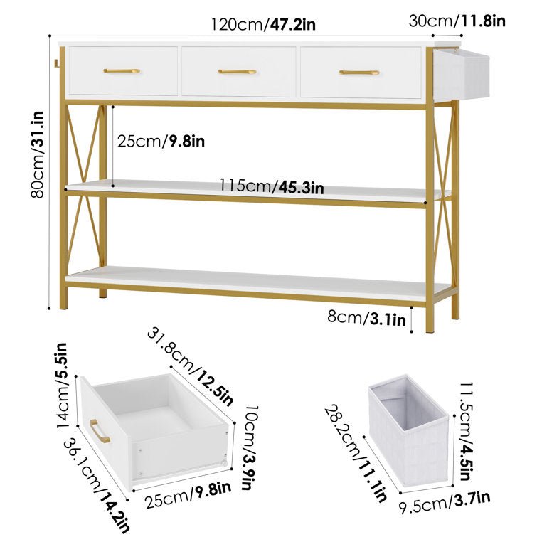 Three Drawer White Gold Engineered Wood Console Table - Decor Smart