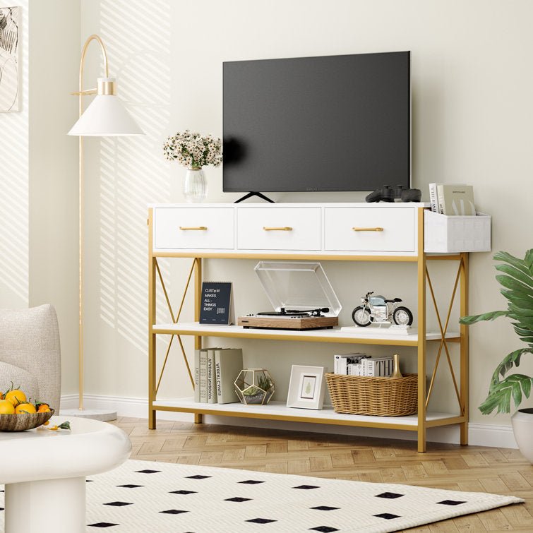 Three Drawer White Gold Engineered Wood Console Table - Decor Smart