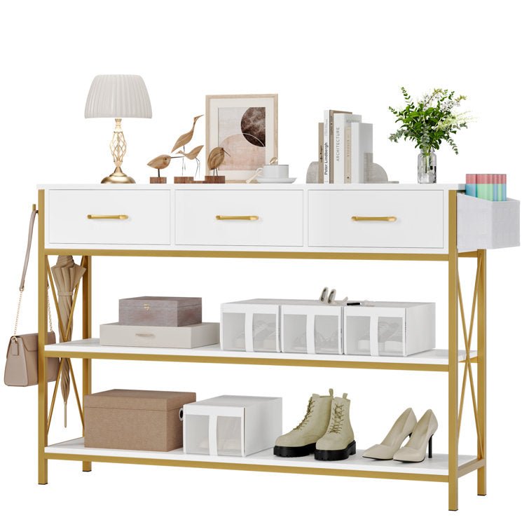 Three Drawer White Gold Engineered Wood Console Table - Decor Smart