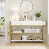 Three Drawer White Gold Engineered Wood Console Table - Decor Smart