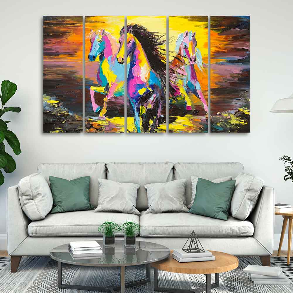 Three Running Horses Abstract Art Canvas Five Pieces Wall Painting - Decor Smart