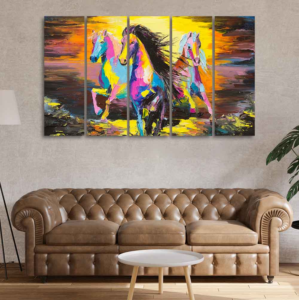 Three Running Horses Abstract Art Canvas Five Pieces Wall Painting - Decor Smart