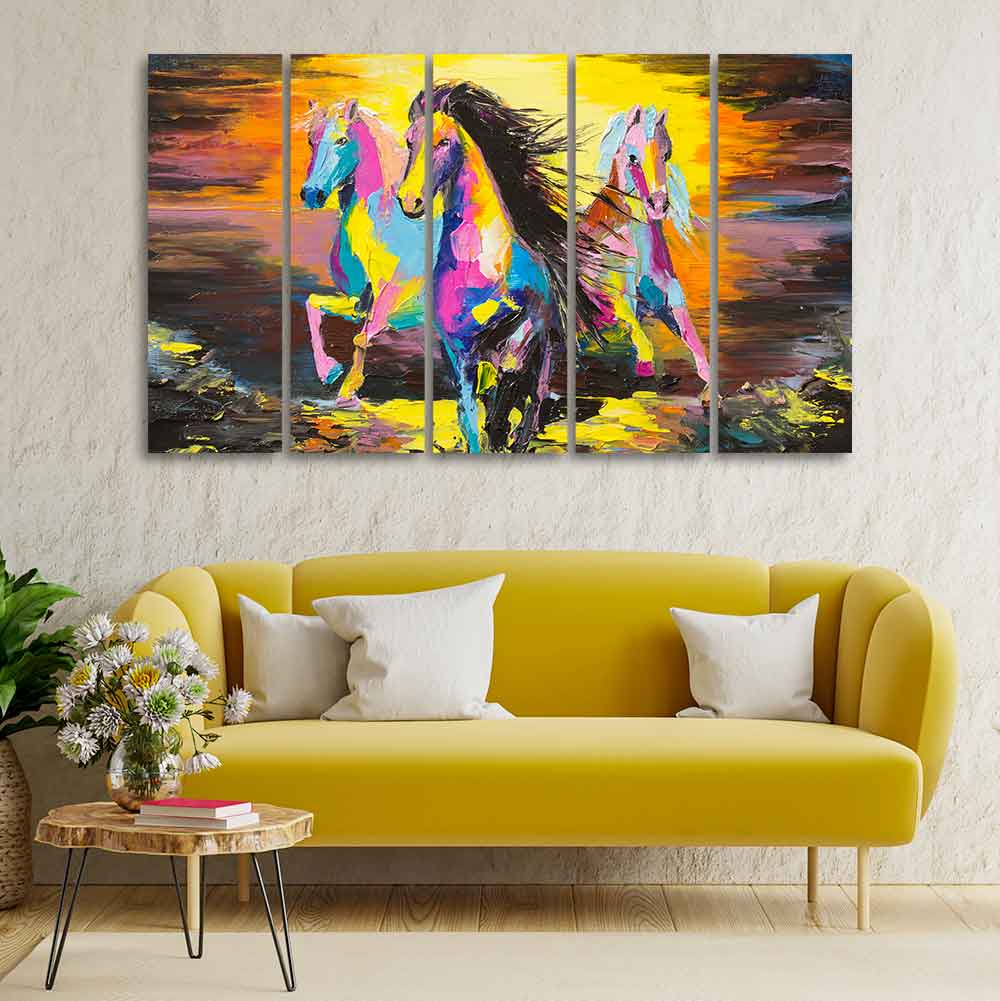 Three Running Horses Abstract Art Canvas Five Pieces Wall Painting - Decor Smart