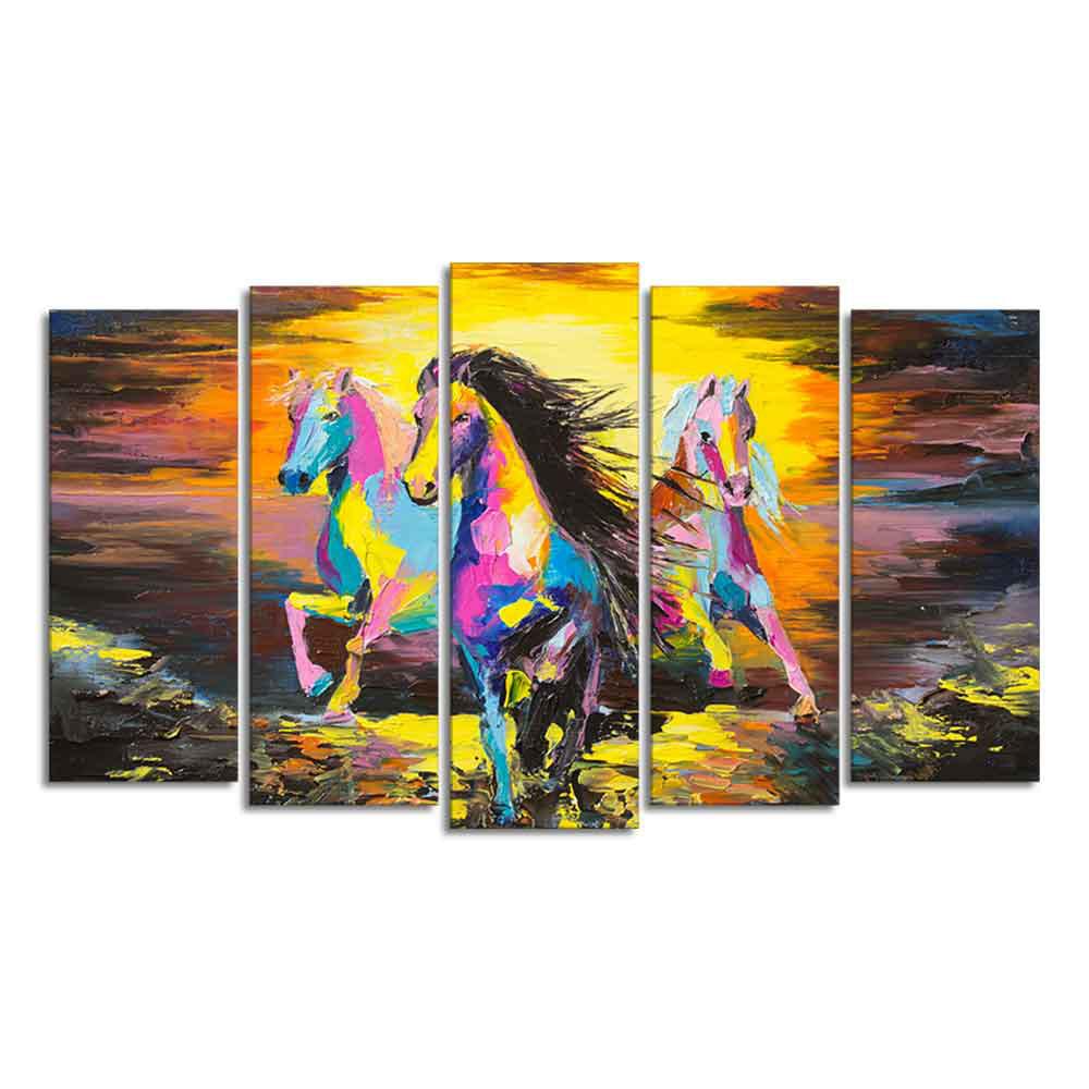 Three Running Horses Abstract Art Five Pieces Canvas Wall Painting - Decor Smart