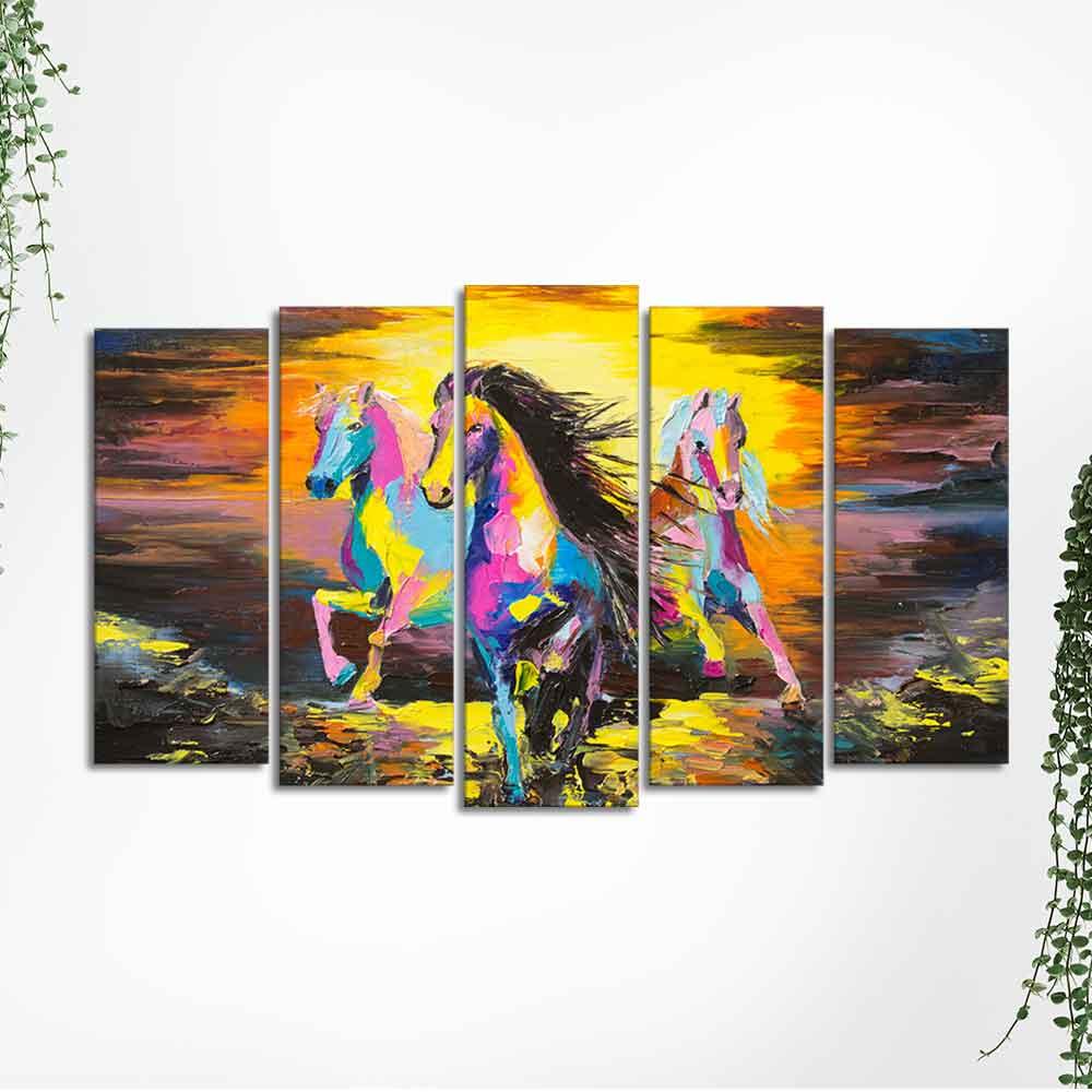 Three Running Horses Abstract Art Five Pieces Canvas Wall Painting - Decor Smart