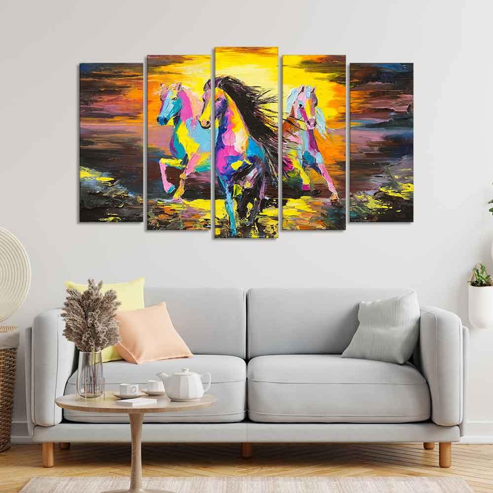 Three Running Horses Abstract Art Five Pieces Canvas Wall Painting - Decor Smart