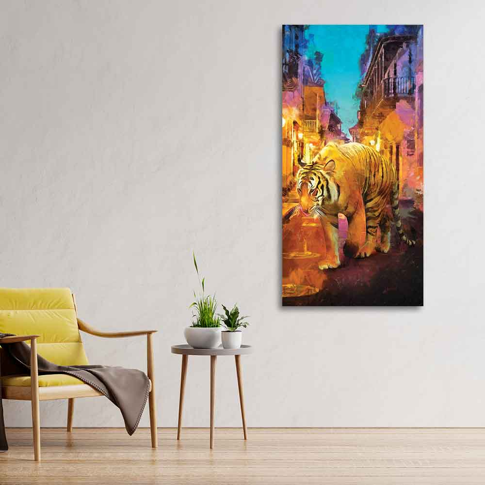 Tiger Walking in Street Premium Canvas Wall Painting - Decor Smart