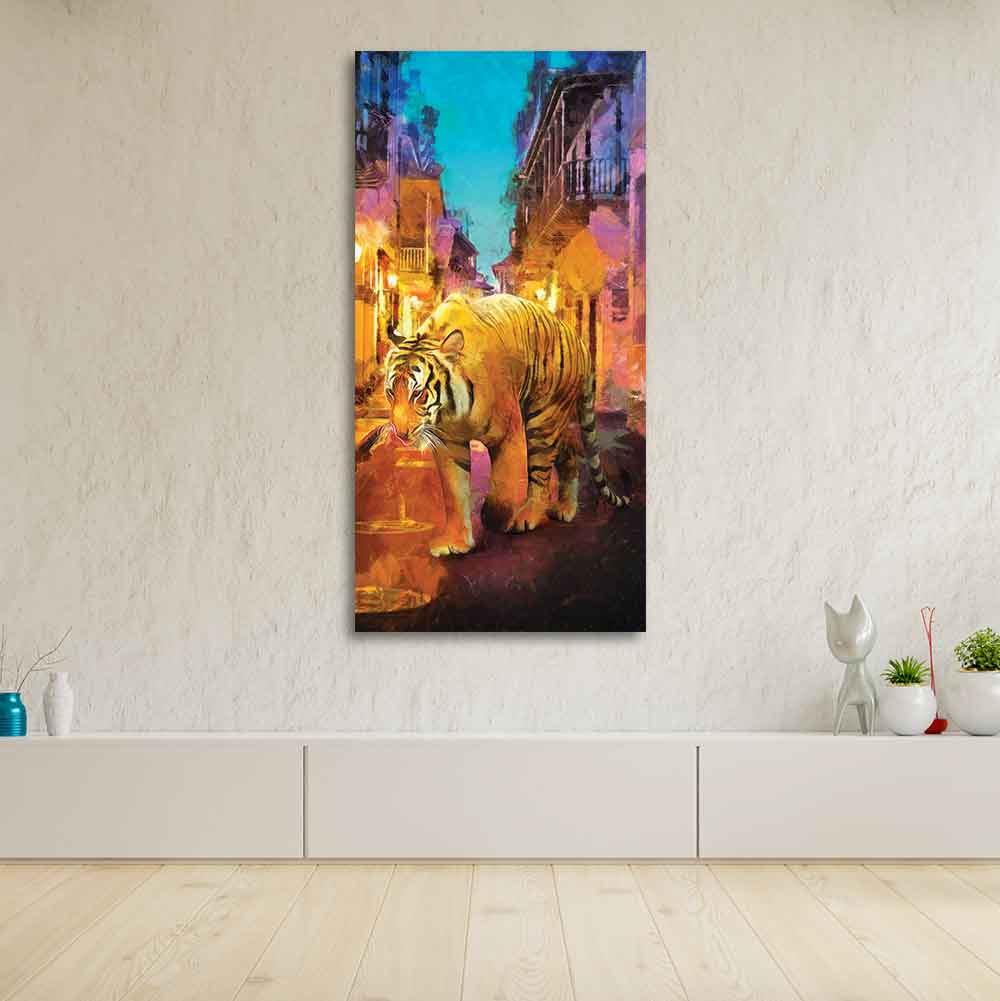 Tiger Walking in Street Premium Canvas Wall Painting - Decor Smart