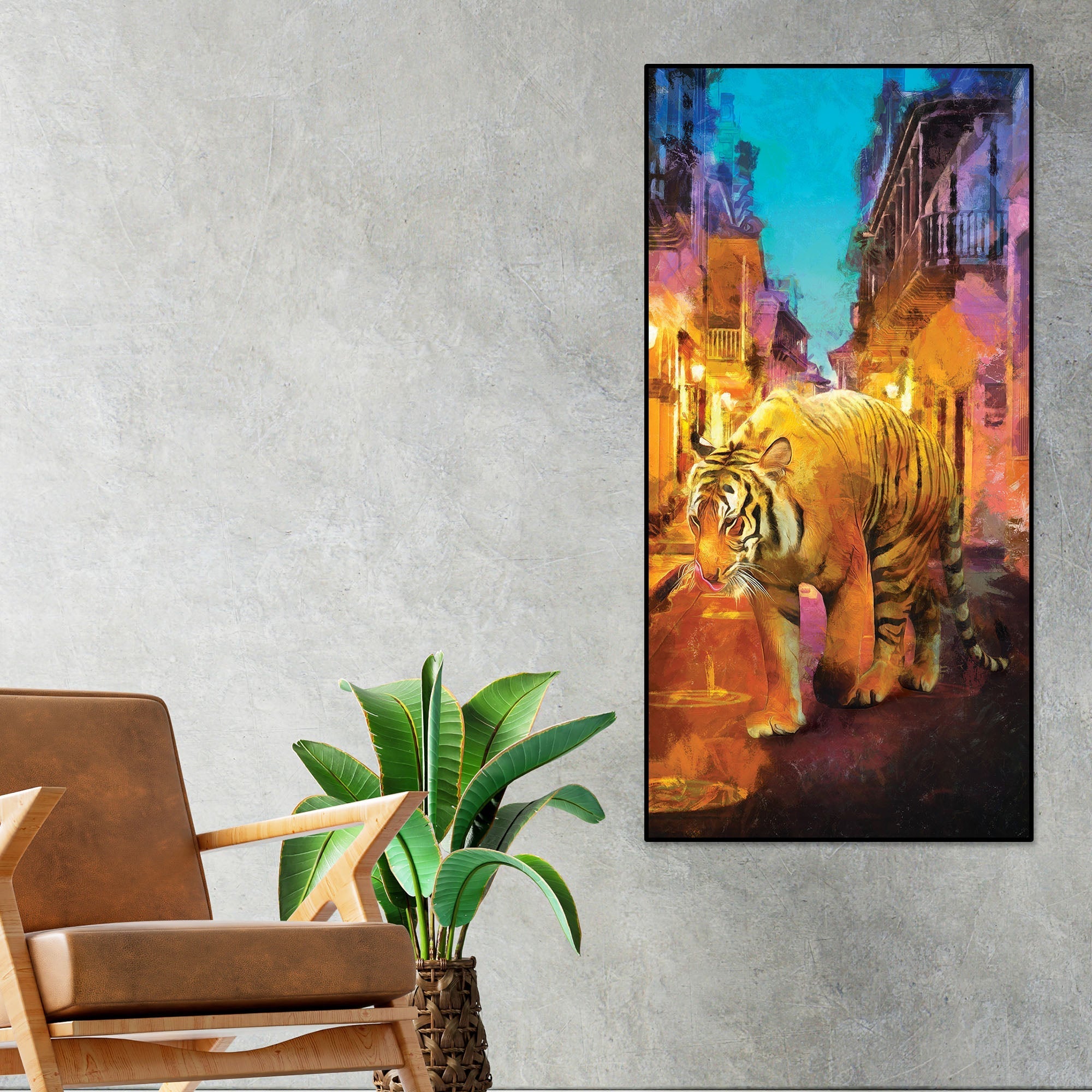 Tiger Walking in Street Premium Canvas Wall Painting - Decor Smart