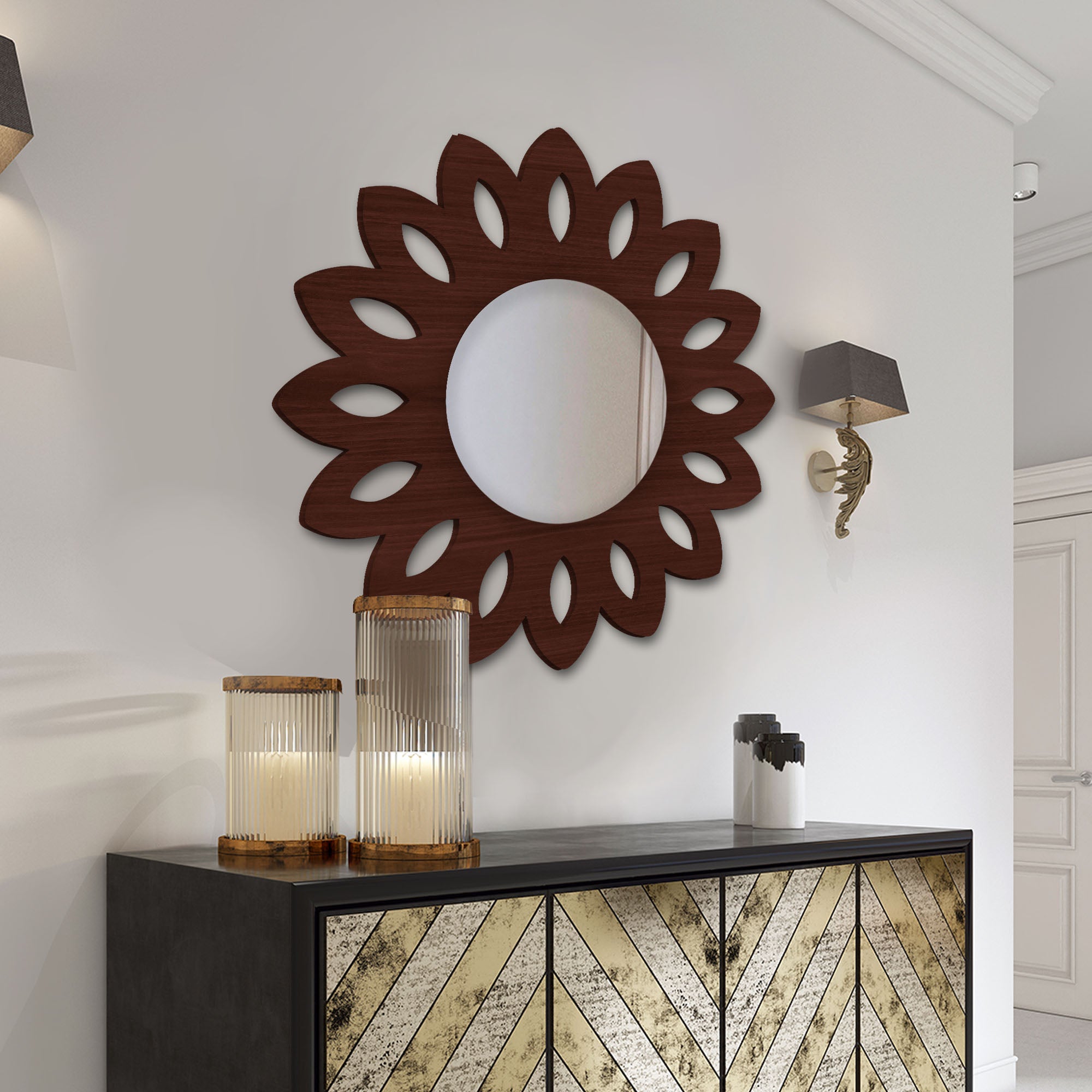 Traditional Antique Floral Designer Wooden Wall Mirror - Decor Smart