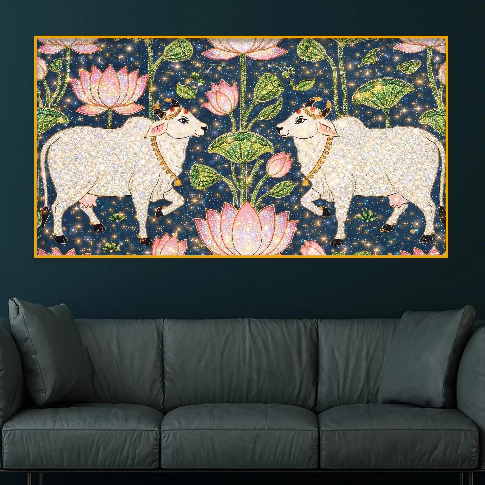 Traditional Indian Cow Art with Lotus Crystal Glass Wall Painting