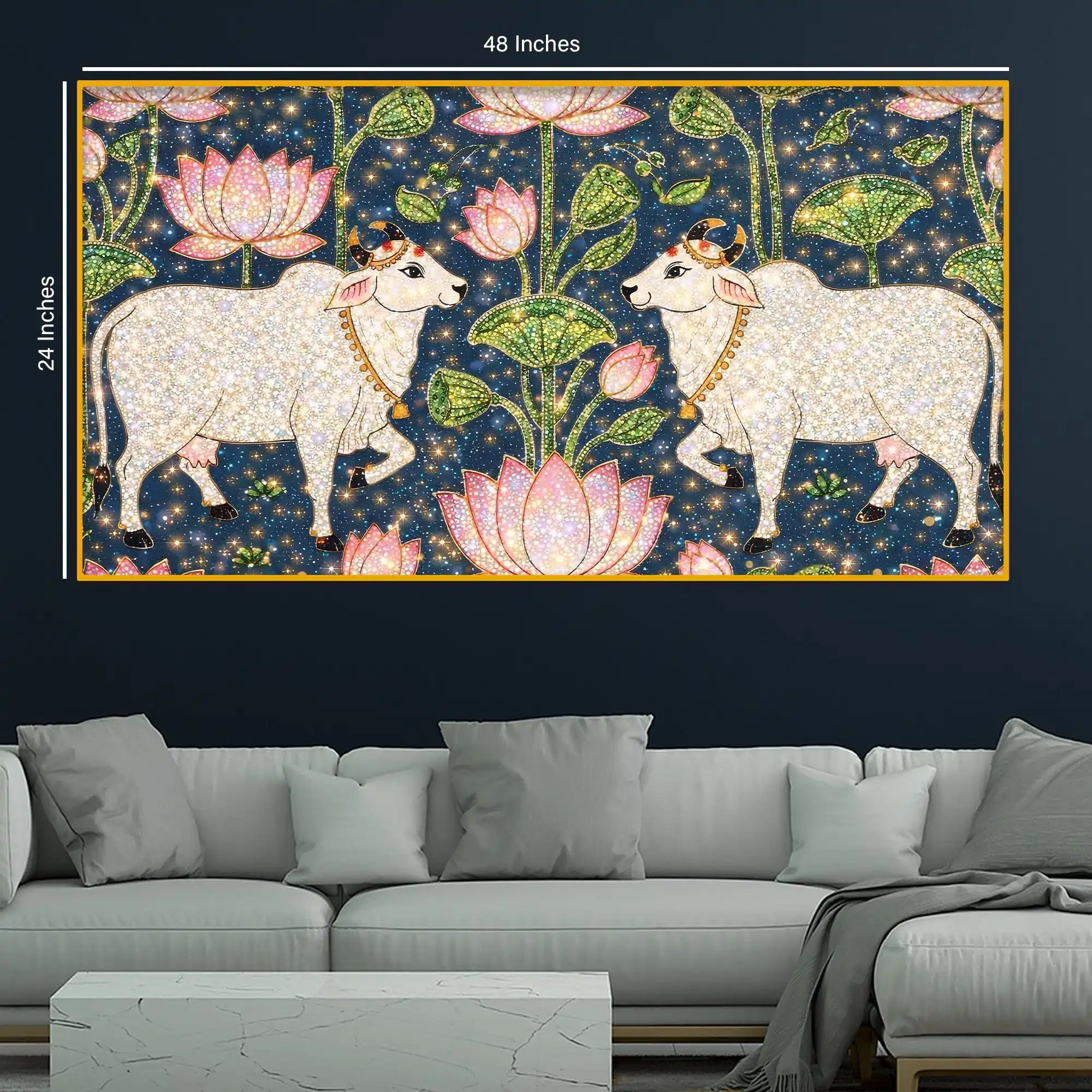 Traditional Indian Cow Art with Lotus Crystal Glass Wall Painting