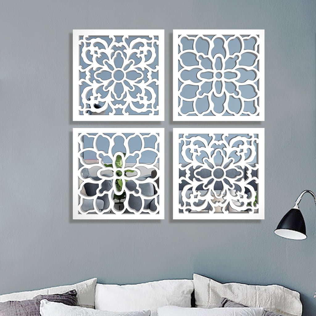 Traditional Intricate Pattern Wooden Mirror Wall Art Set of 4 - Decor Smart