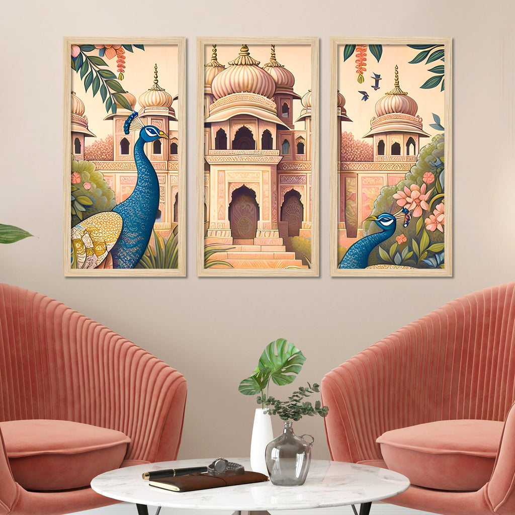 Traditional Mughal Garden View Wooden Wall Decor Frame Set of Three