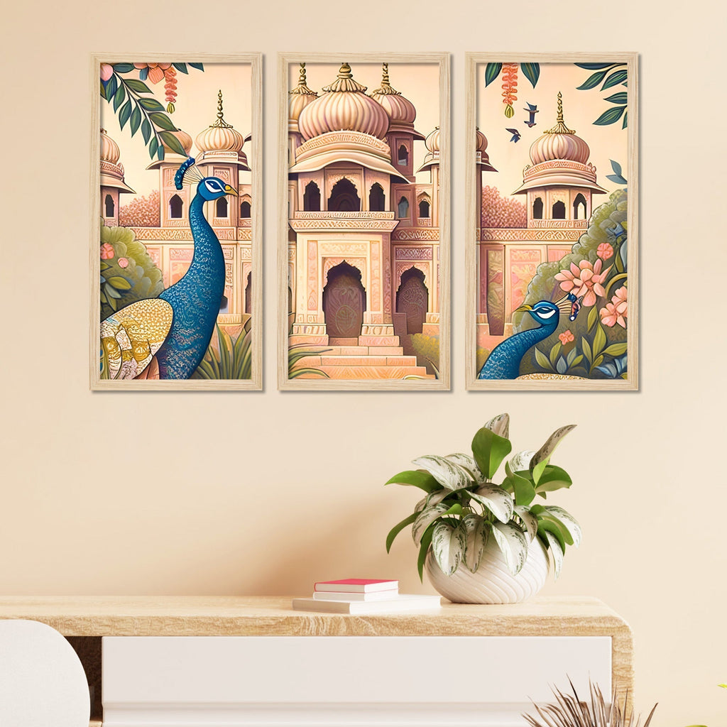Traditional Mughal Garden View Wooden Wall Decor Frame Set of Three