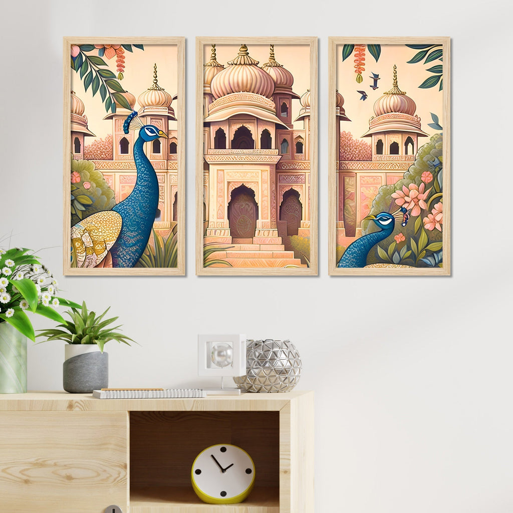 Traditional Mughal Garden View Wooden Wall Decor Frame Set of Three
