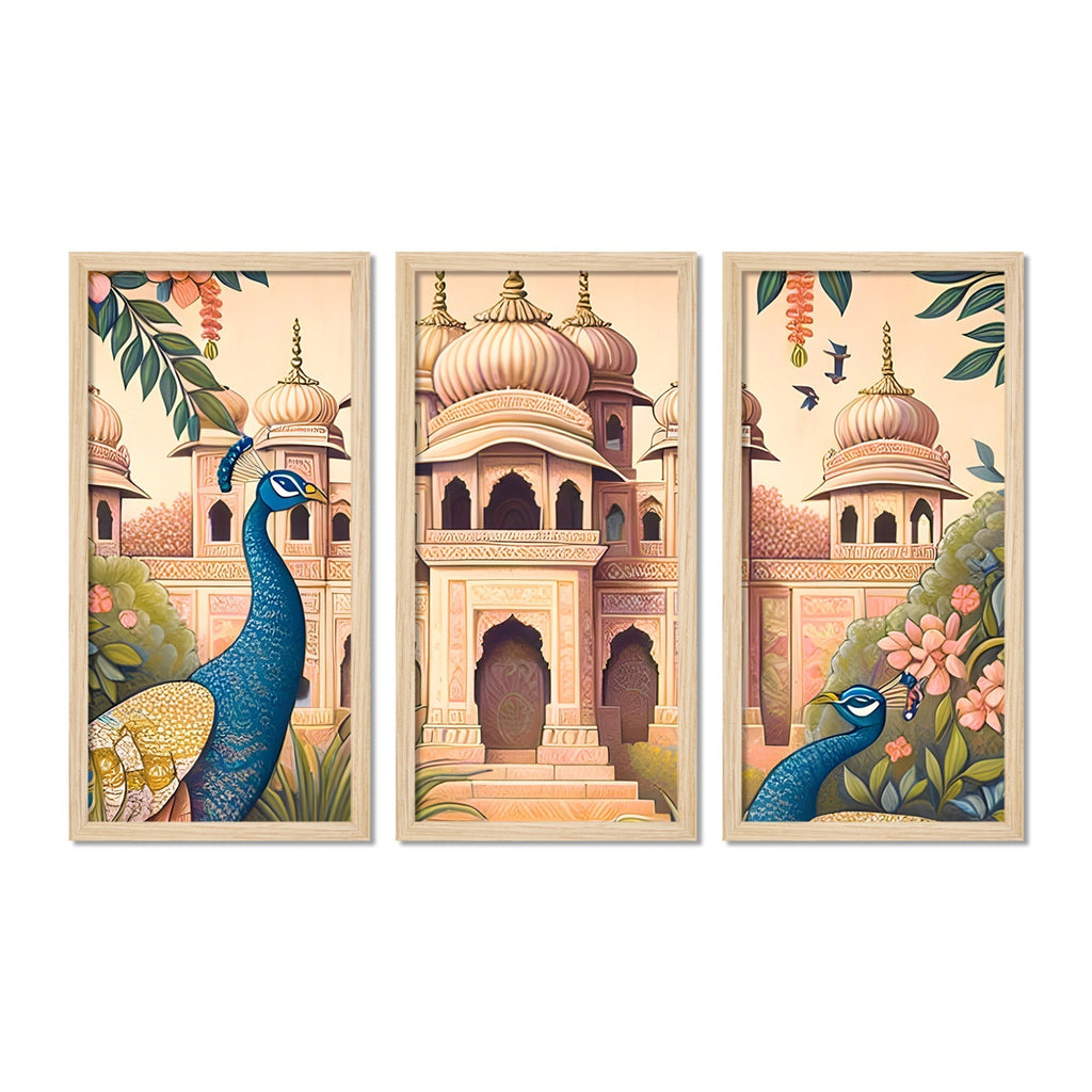 Traditional Mughal Garden View Wooden Wall Decor Frame Set of Three