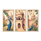 Traditional Mughal Garden View Wooden Wall Decor Frame Set of Three