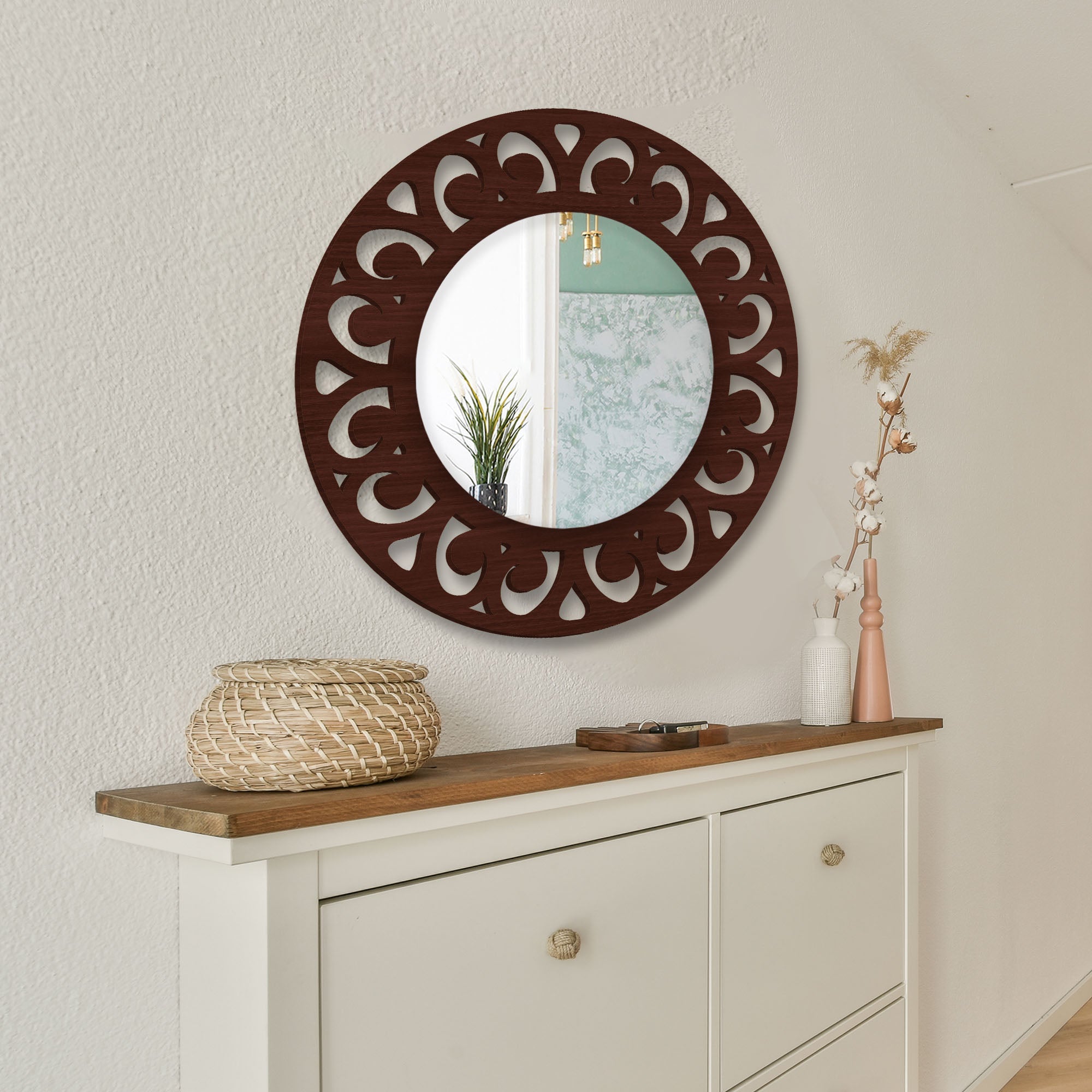 Traditional Style Floral Art Wooden Wall Mirror - Decor Smart