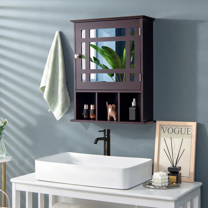 Traditional Wooden Wall Cabinet with Mirror Door & Storage Slots