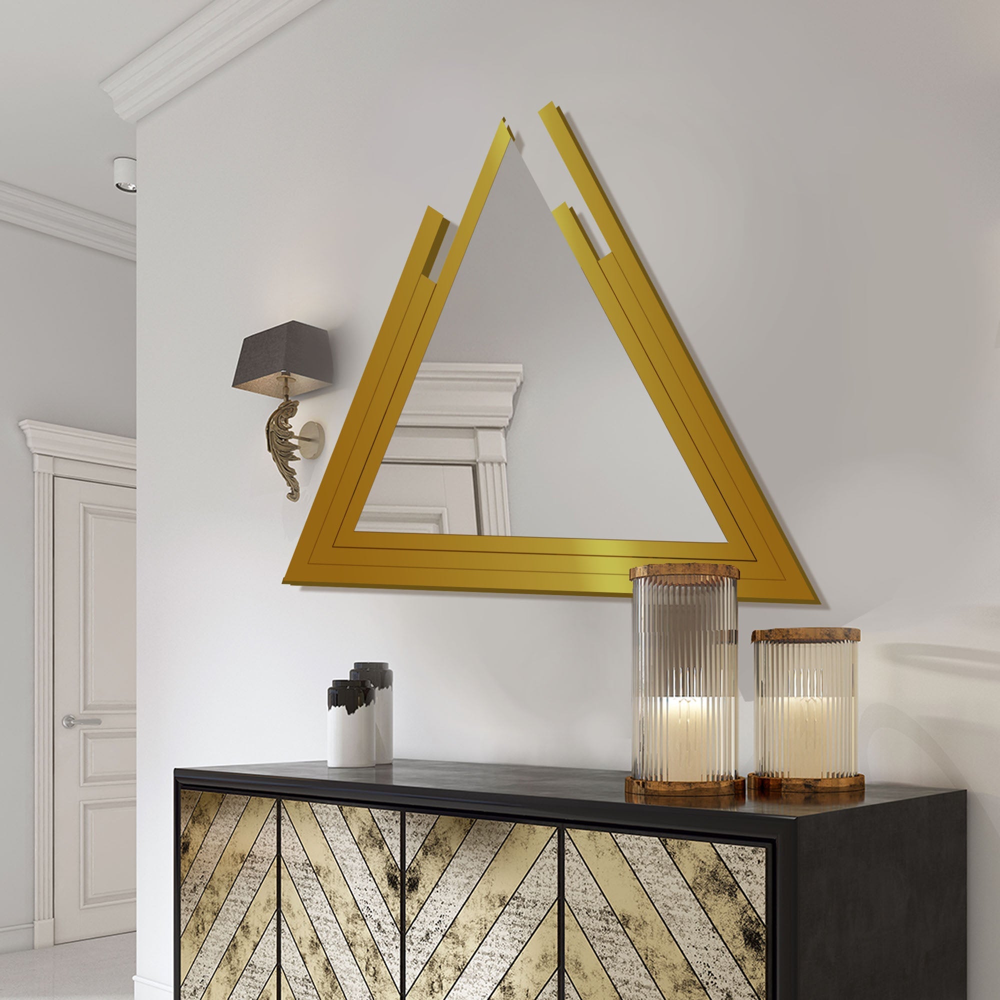 Triangle Shape Stylish Wooden Wall Mirror With Gold Texture - Decor Smart