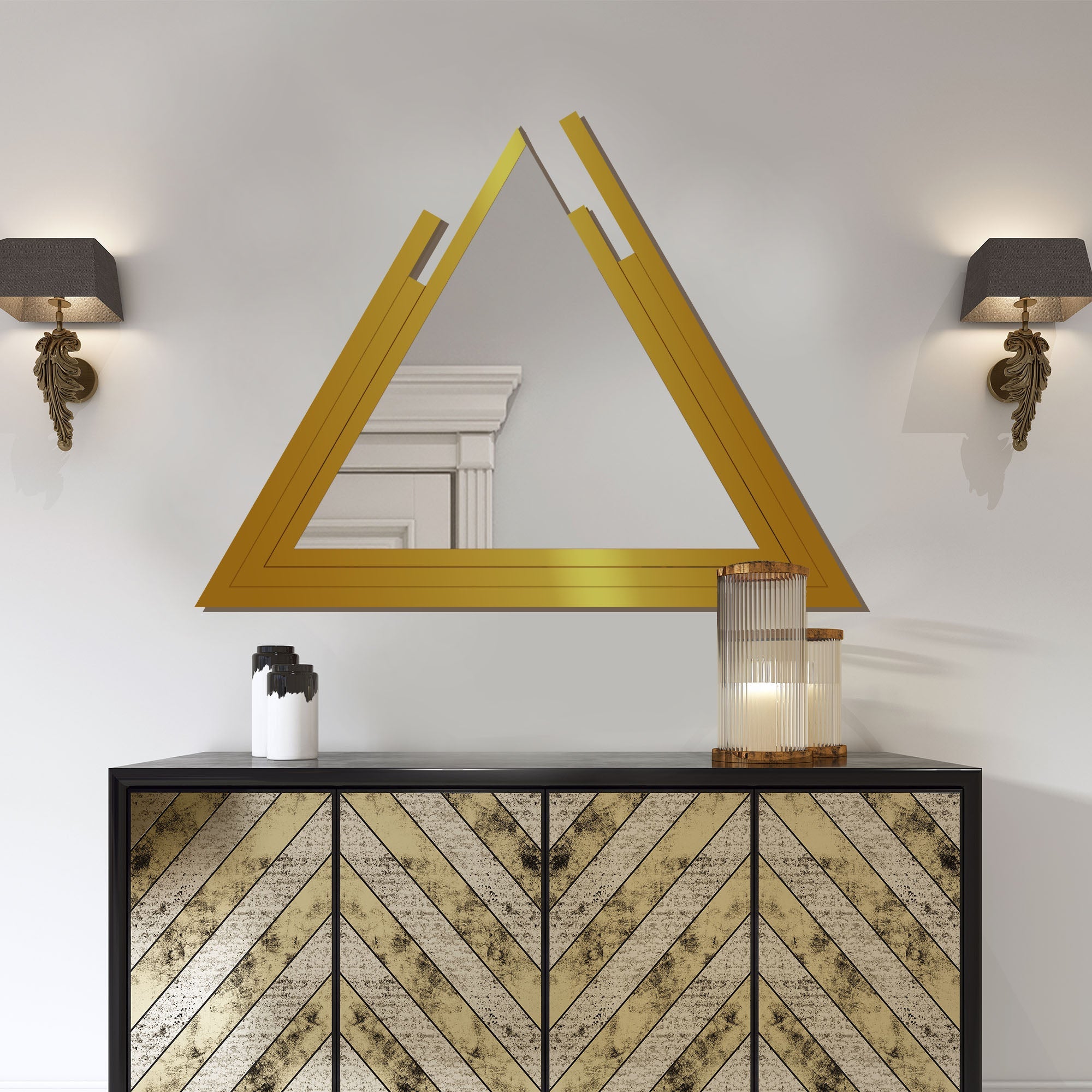 Triangle Shape Stylish Wooden Wall Mirror With Gold Texture - Decor Smart