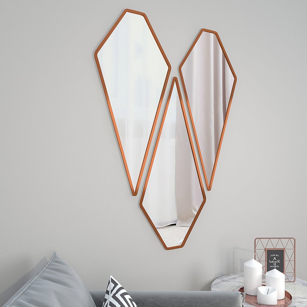 Tringle Shape Diamond Cut Copper Finish Vanity Mirrors Set Of 3 - Decor Smart