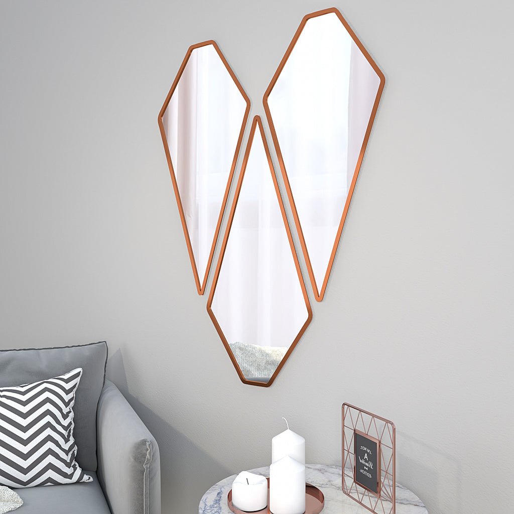Tringle Shape Diamond Cut Copper Finish Vanity Mirrors Set Of 3 - Decor Smart