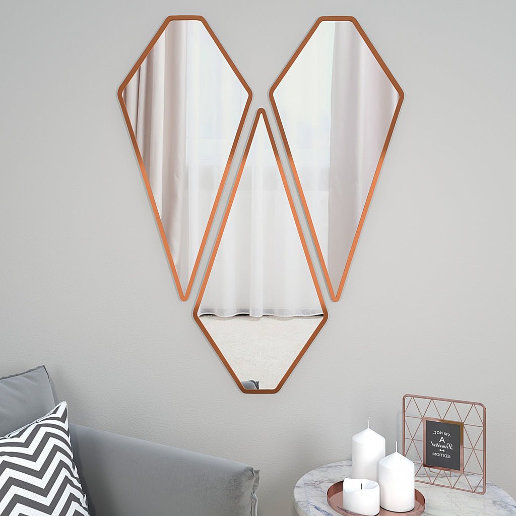 Tringle Shape Diamond Cut Copper Finish Vanity Mirrors Set Of 3 - Decor Smart