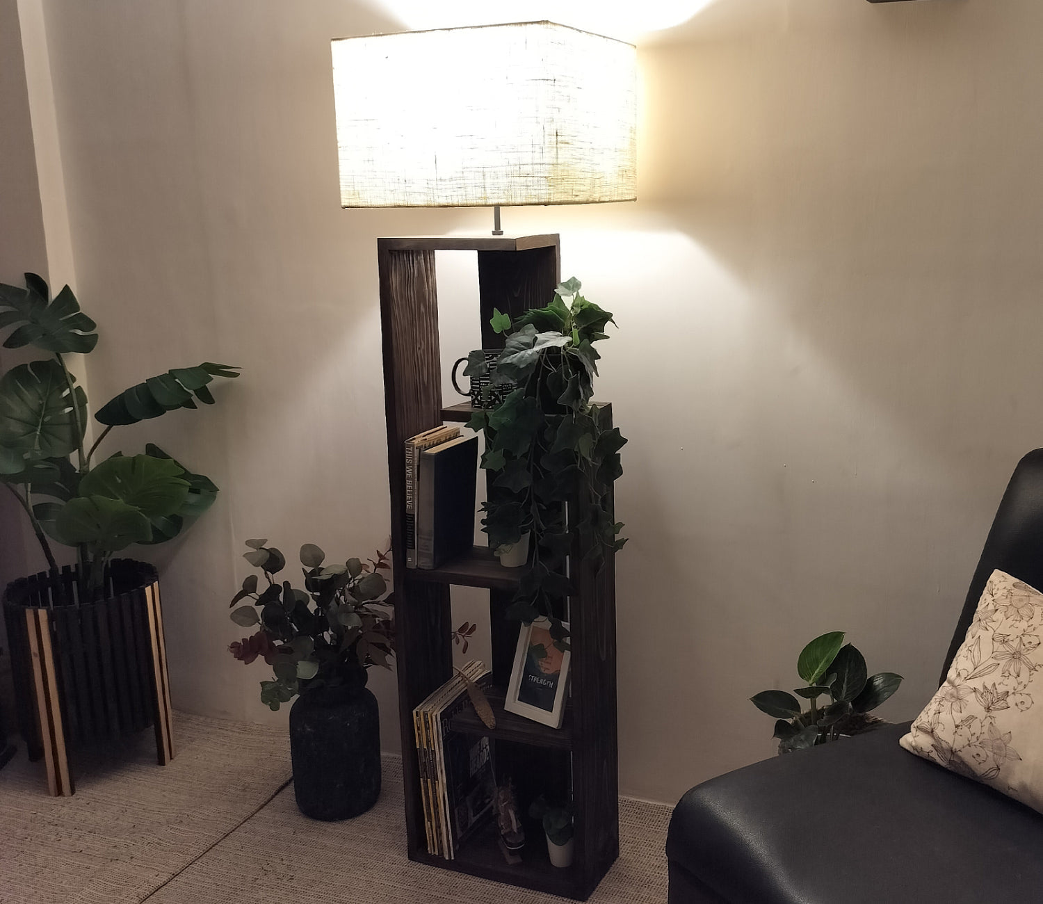 Tripod Beige Wooden Floor Lamp with Shelf Natural Jute Shade