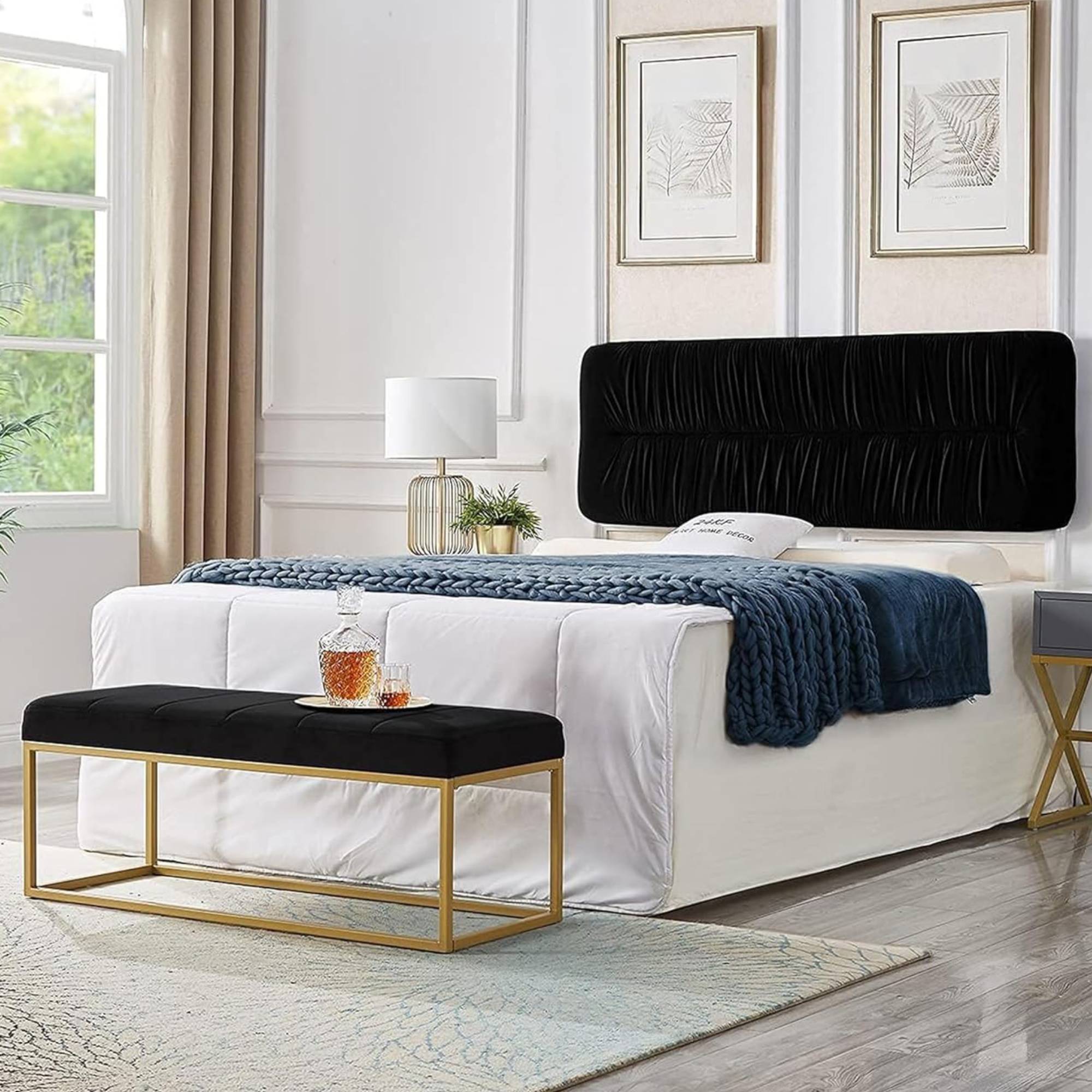 Tufted Black Velvet Bench with Sleek Gold Metal Legs Ottoman