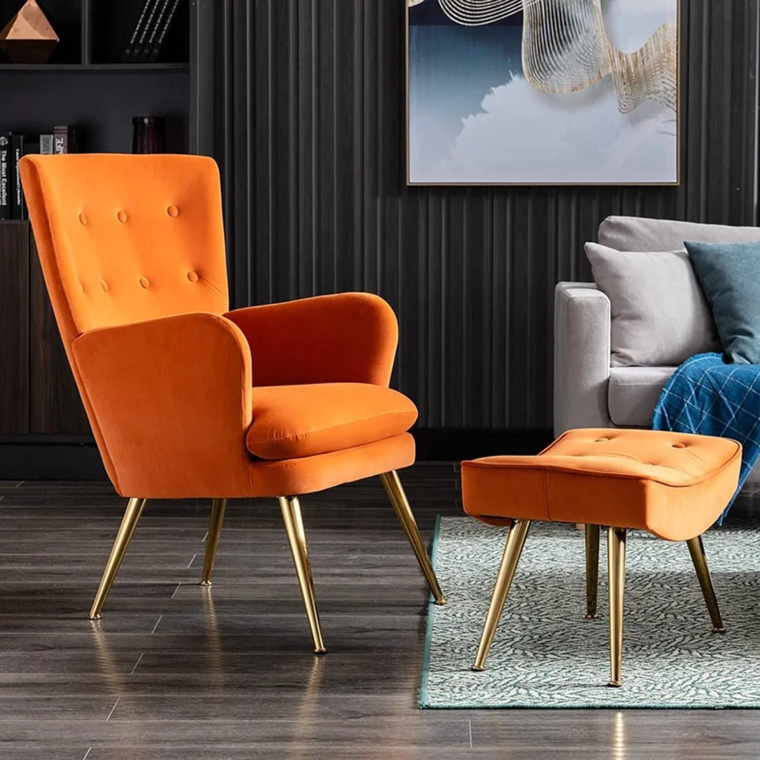 Tufted Long Back Orange Color Lounge Chair with Ottoman - Decor Smart