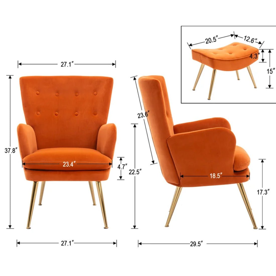 Tufted Long Back Orange Color Lounge Chair with Ottoman - Decor Smart