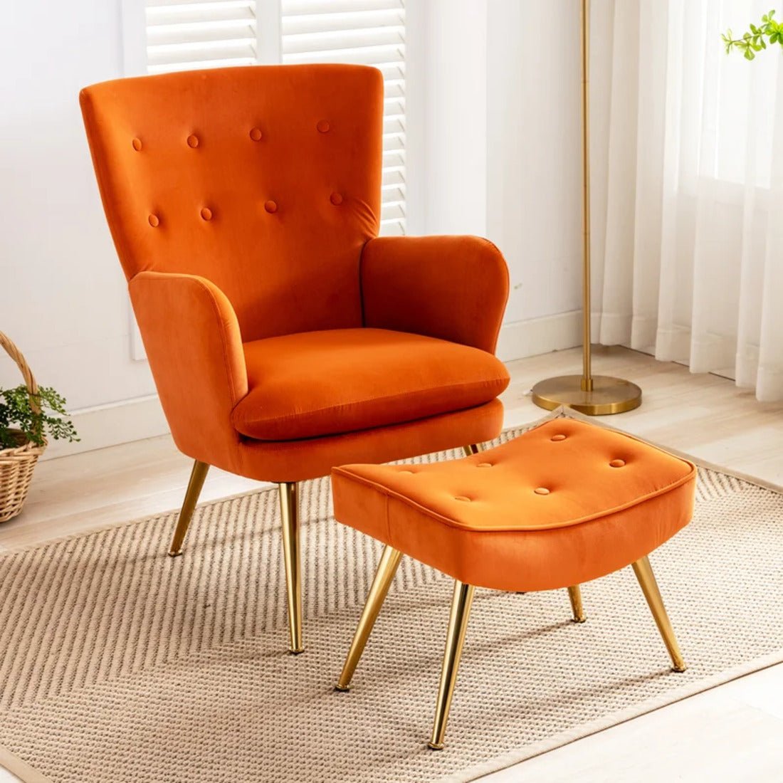 Tufted Long Back Orange Color Lounge Chair with Ottoman - Decor Smart