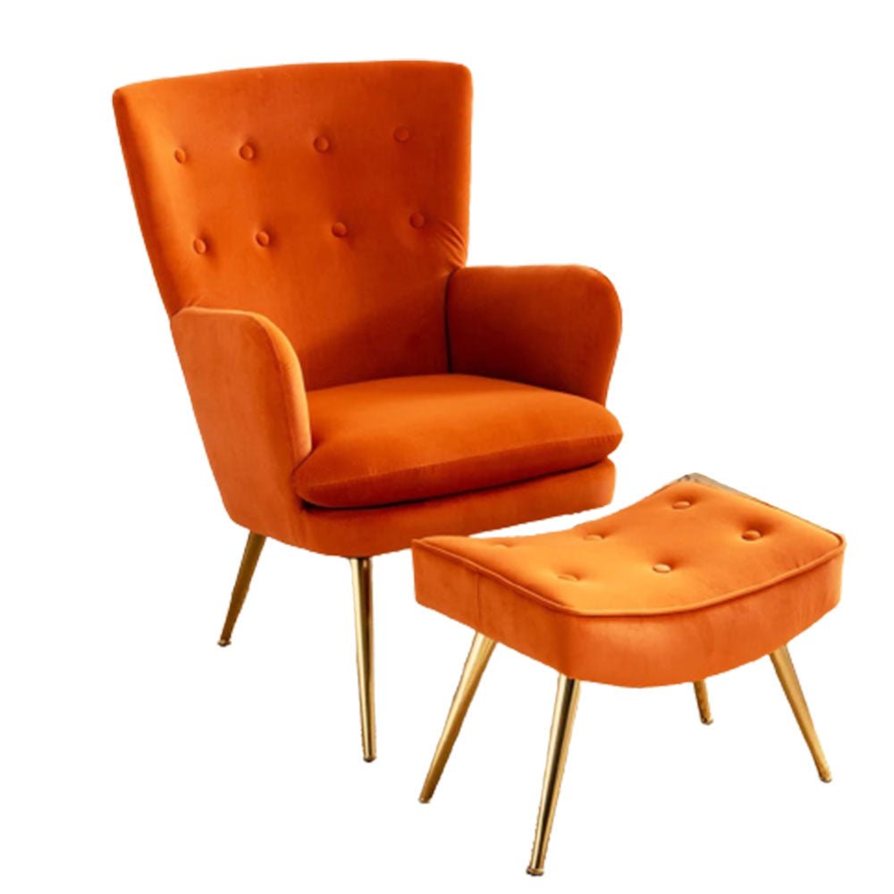 Tufted Long Back Orange Color Lounge Chair with Ottoman - Decor Smart