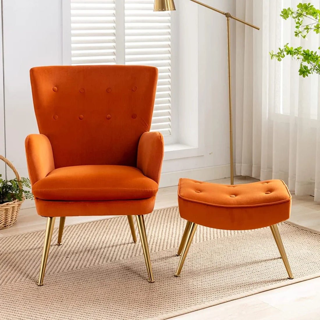 Tufted Long Back Orange Color Lounge Chair with Ottoman - Decor Smart