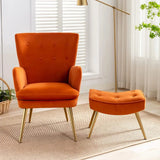 Tufted Long Back Orange Color Lounge Chair with Ottoman - Decor Smart