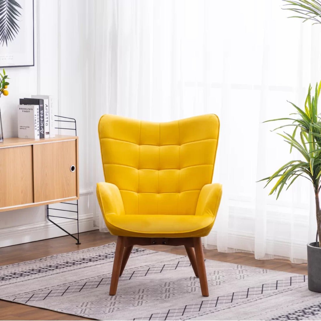 Tufted Long Back Royal Yellow Color Lounge Chair with Ottoman - Decor Smart