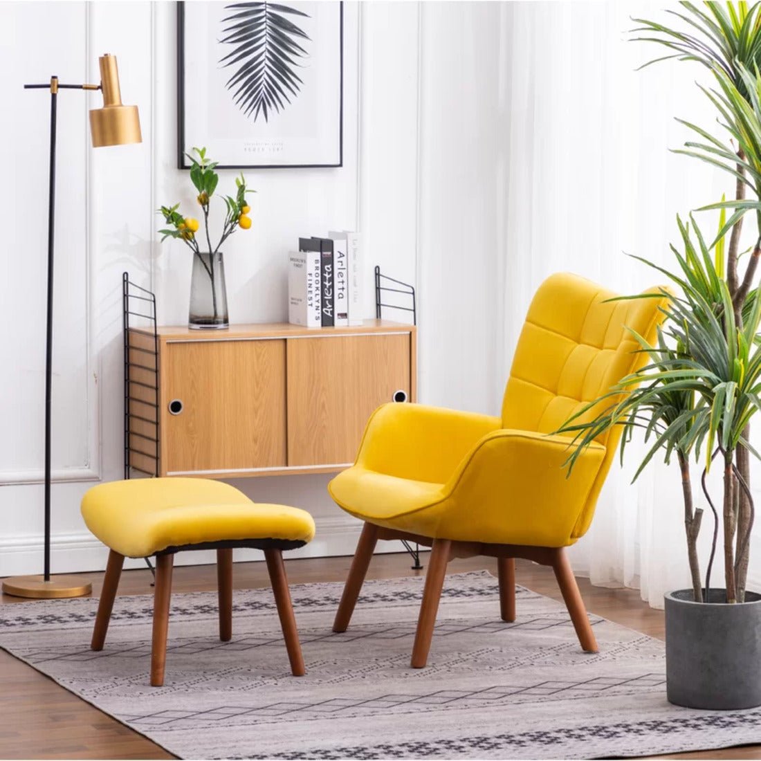 Tufted Long Back Royal Yellow Color Lounge Chair with Ottoman - Decor Smart