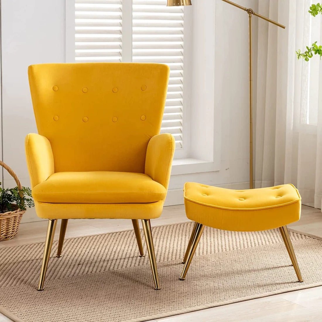 Tufted Long Back Yellow Color Lounge Chair with Ottoman - Decor Smart