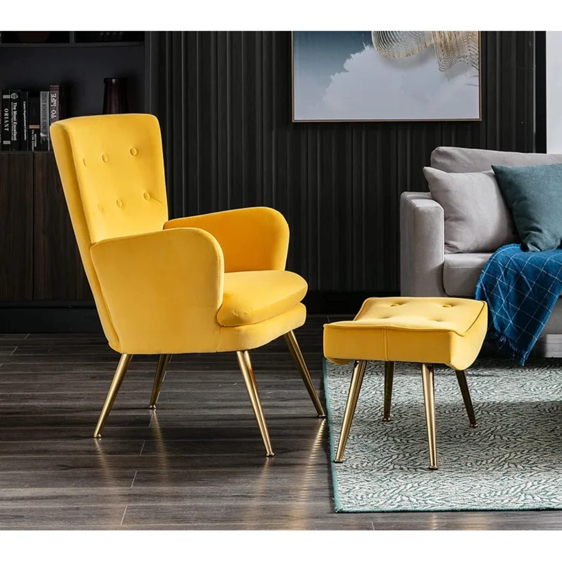 Tufted Long Back Yellow Color Lounge Chair with Ottoman - Decor Smart